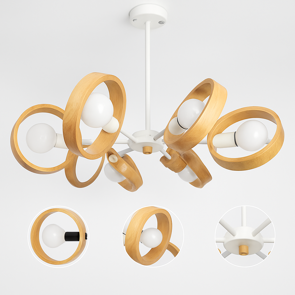 lustre nordique en bois avec abat-jour rond suspendu - vue 7 sur 12