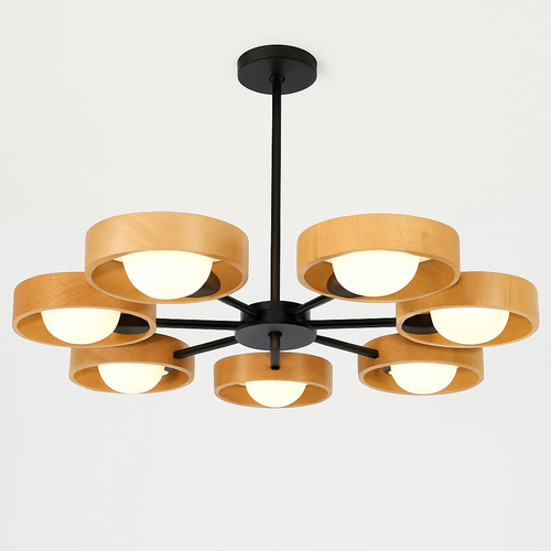 lustre nordique en bois avec abat-jour rond suspendu - vue 2 sur 12