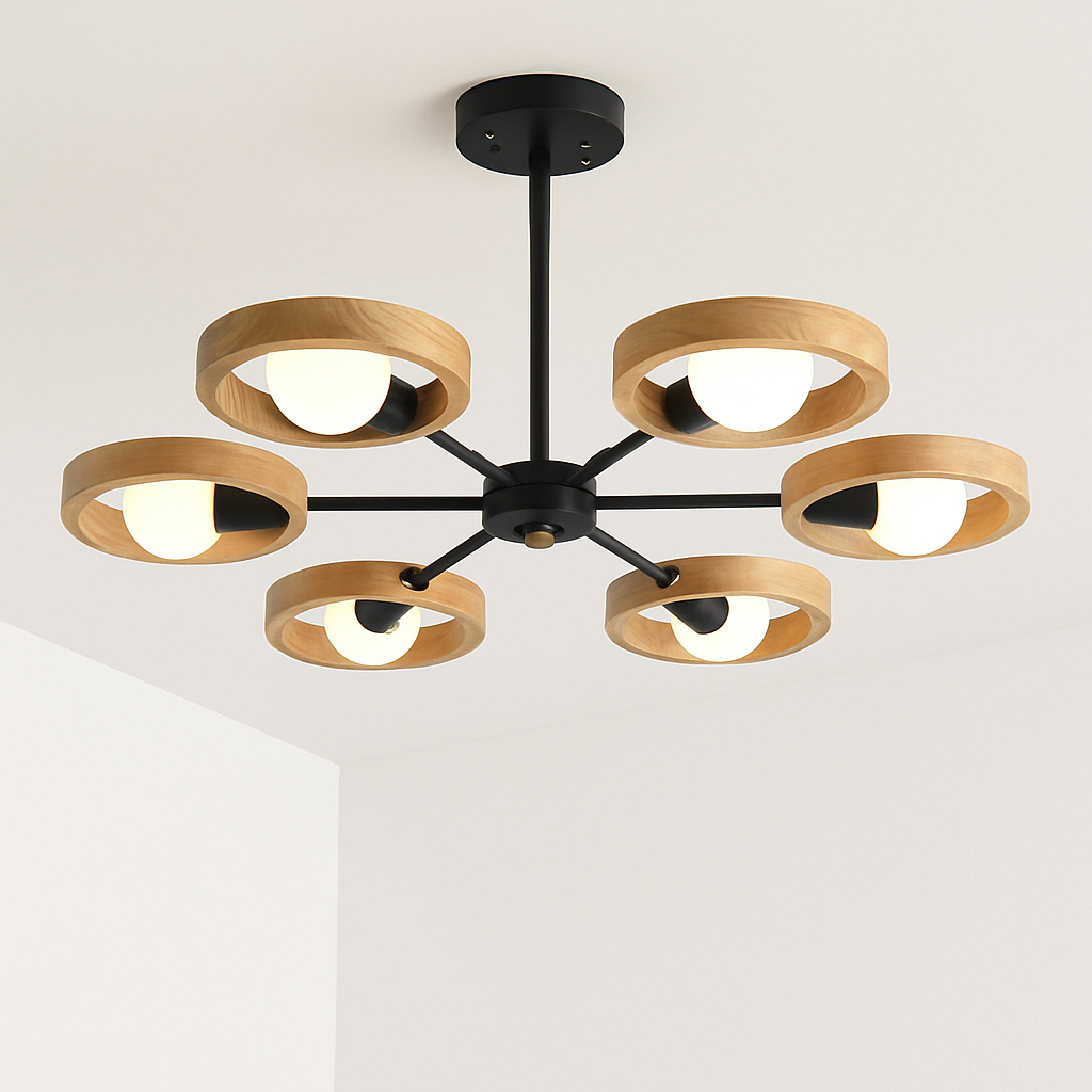 lustre nordique en bois avec abat-jour rond suspendu - vue 8 sur 12
