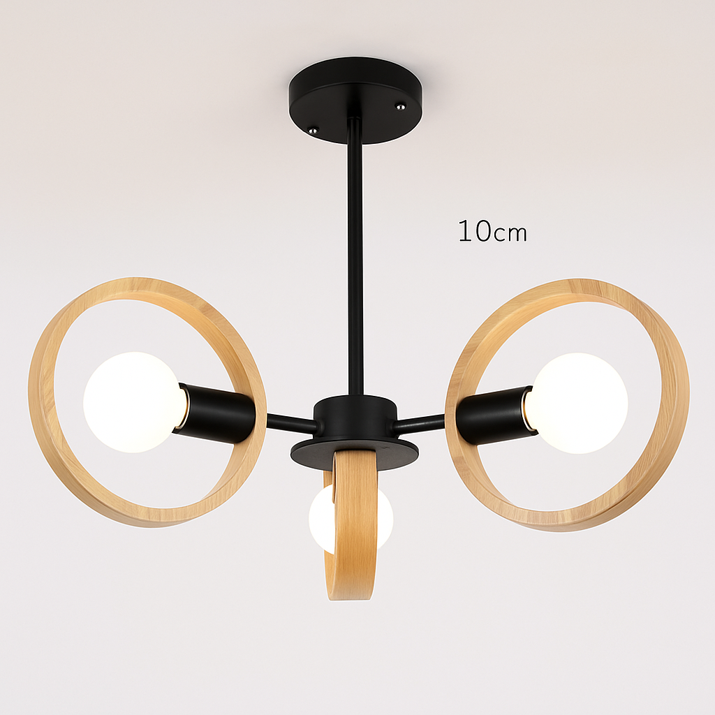 lustre nordique en bois avec abat-jour rond suspendu - vue 9 sur 12