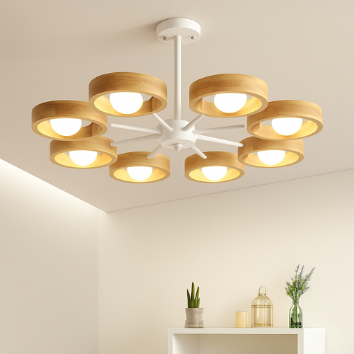 lustre nordique en bois avec abat-jour rond suspendu - vue 11 sur 12