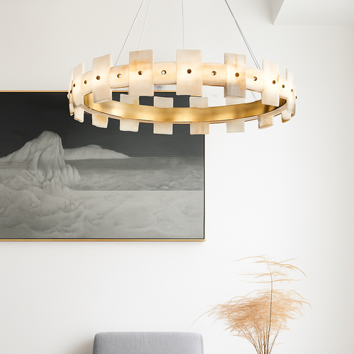 lustre rond en marbre naturel avec anneau en cuivre réglable - vue 3 sur 14