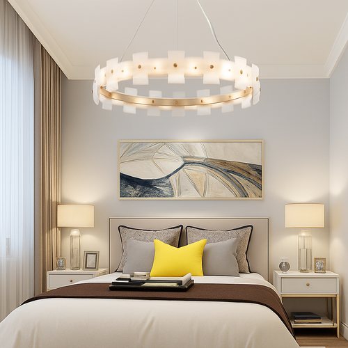 lustre rond en marbre naturel avec anneau en cuivre réglable - vue 4 sur 14