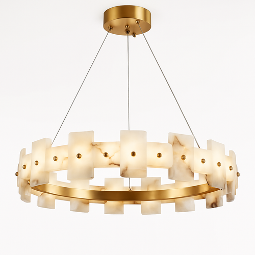 lustre rond en marbre naturel avec anneau en cuivre réglable - vue 2 sur 14