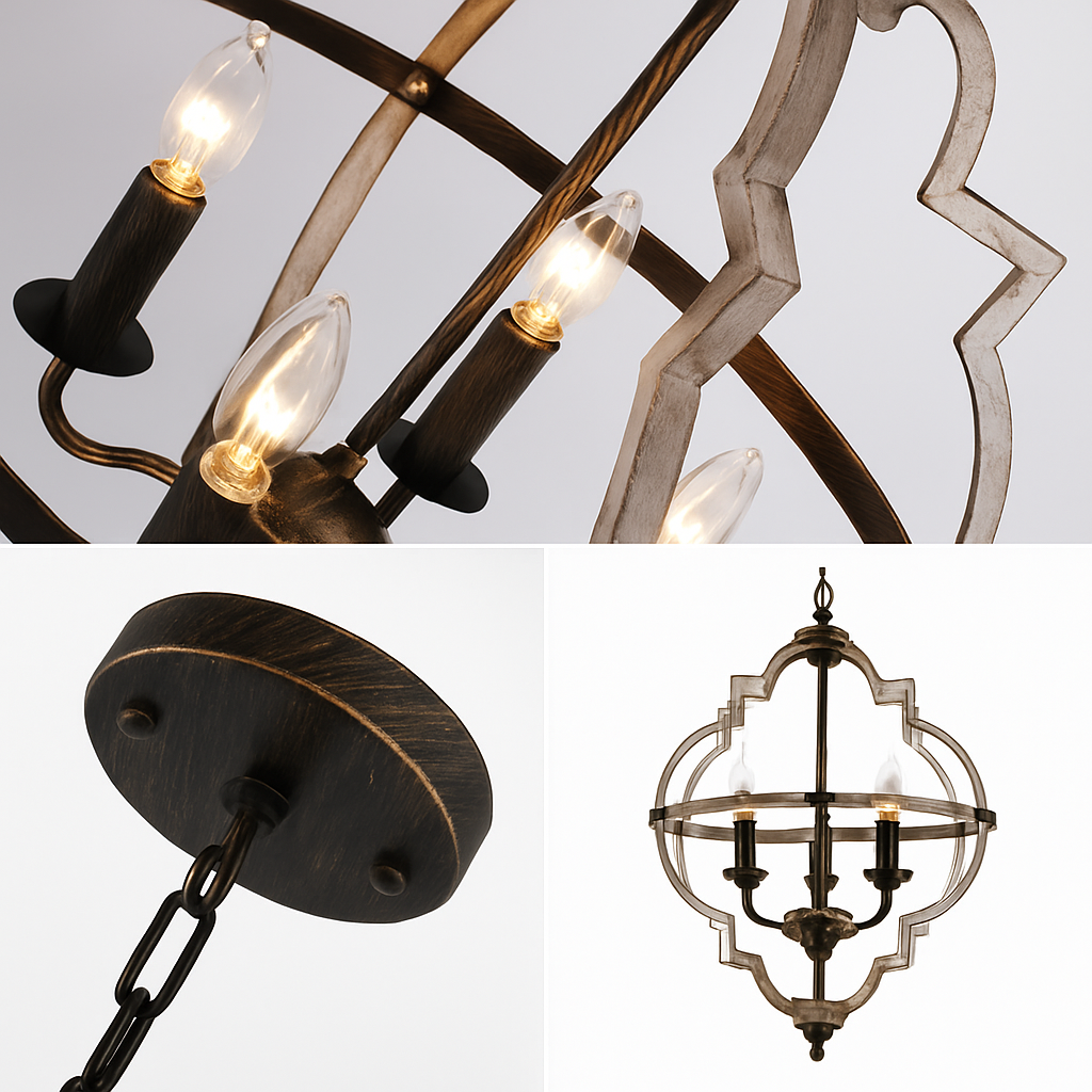 Lustre rustique en métal vintage avec lampes bougies - vue 3 sur 5
