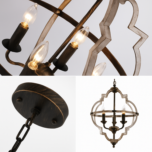 Lustre rustique en métal vintage avec lampes bougies - vue 3 sur 5