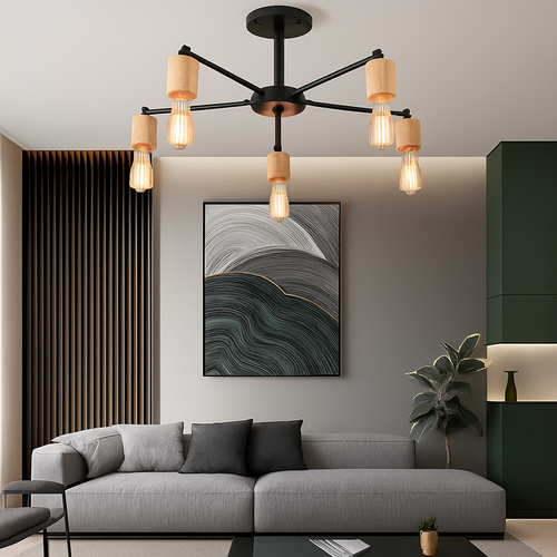 lustre sputnik industriel en bois et fer moderne - vue 2 sur 10