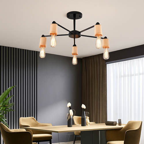 lustre sputnik industriel en bois et fer moderne - vue 3 sur 10