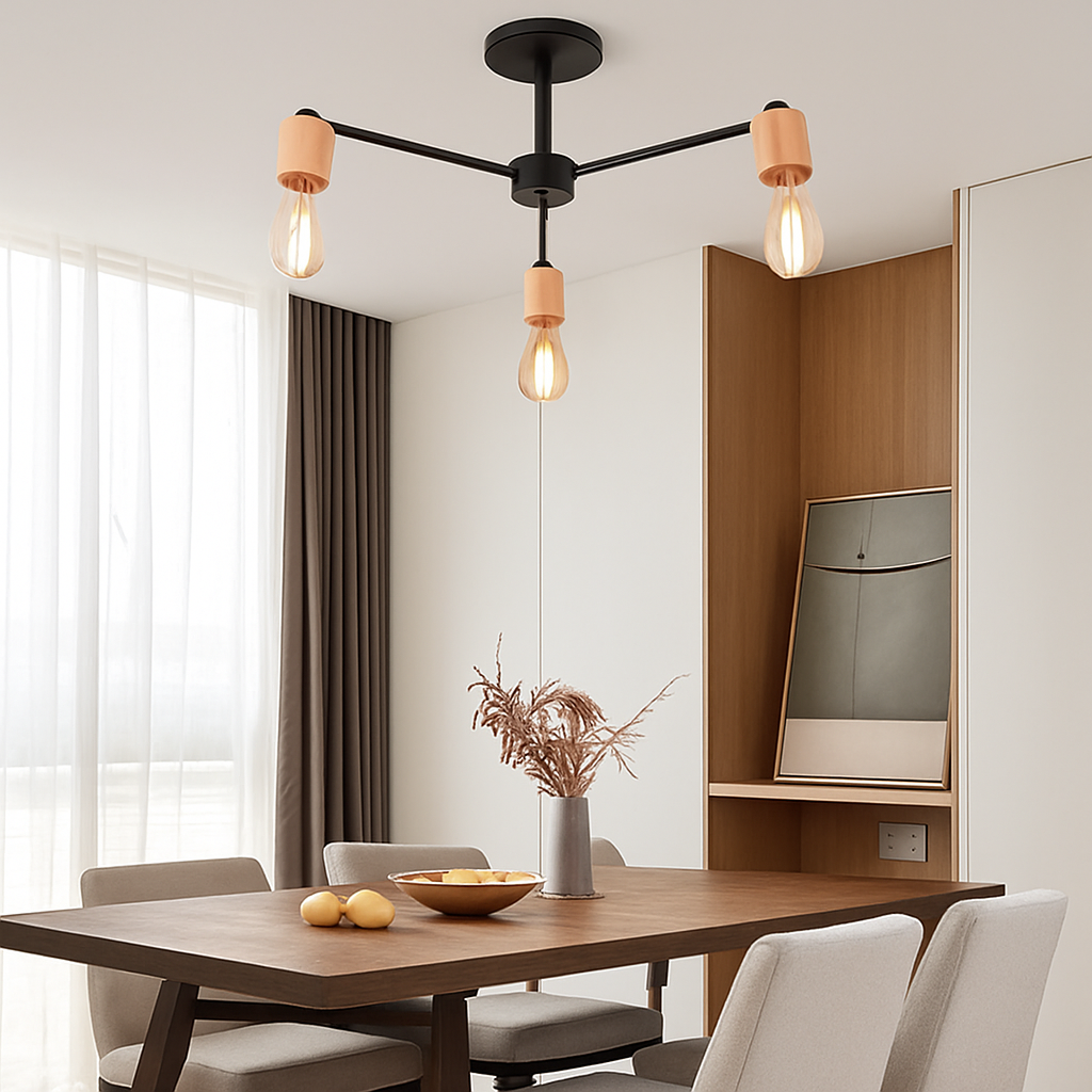 lustre sputnik industriel en bois et fer moderne - vue 4 sur 10