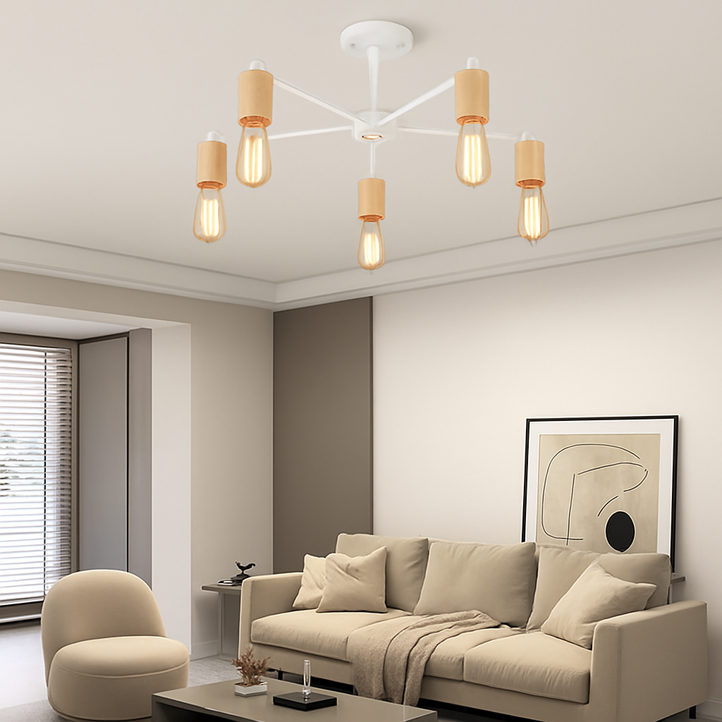 lustre sputnik industriel en bois et fer moderne - vue 5 sur 10