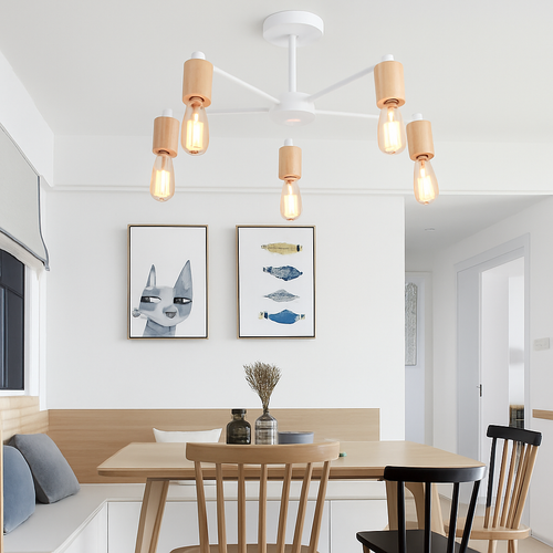 lustre sputnik industriel en bois et fer moderne - vue 6 sur 10