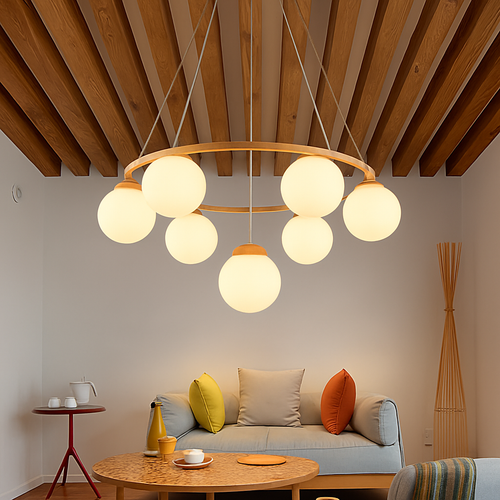 lustre suspendu en bois avec lampe en verre moderne - vue 3 sur 13