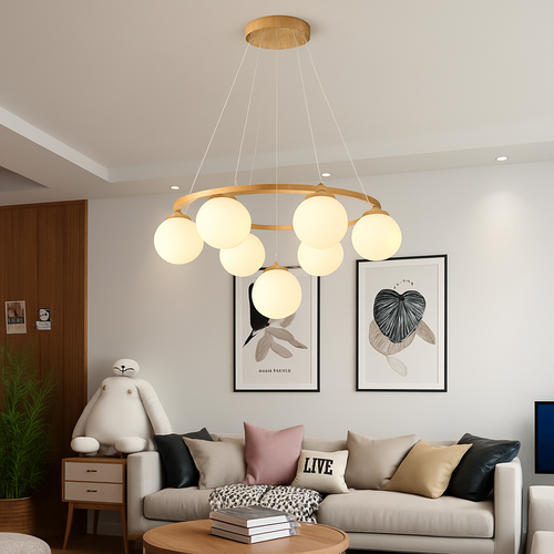 lustre suspendu en bois avec lampe en verre moderne - vue 2 sur 13
