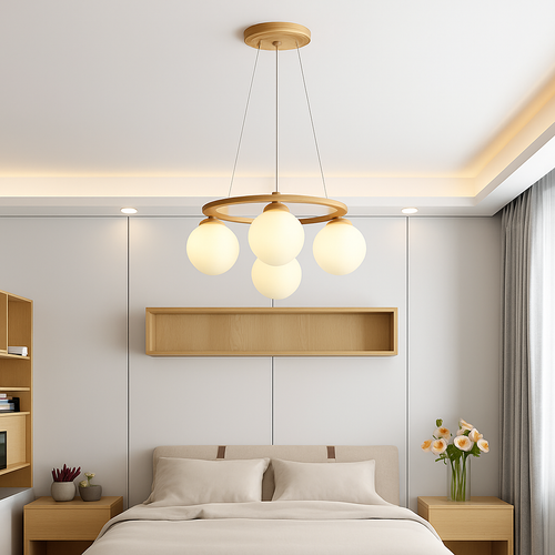 lustre suspendu en bois avec lampe en verre moderne - vue 4 sur 13