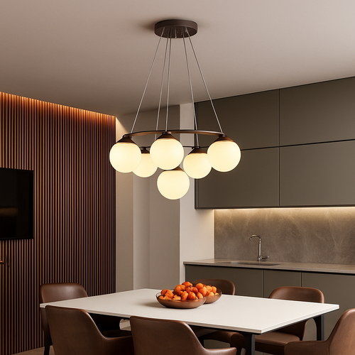 lustre suspendu en bois avec lampe en verre moderne - vue 5 sur 13