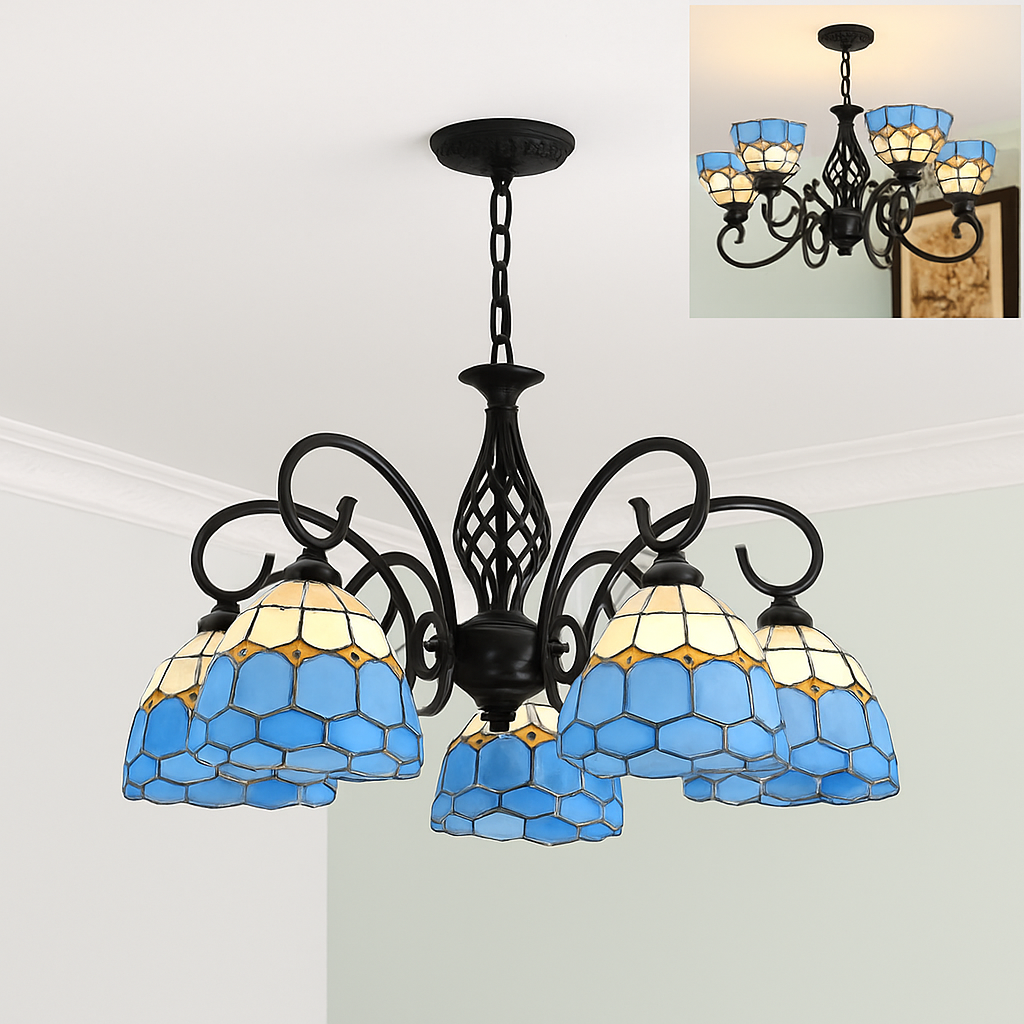 lustre tiffany méditerranéen en verre teinté pour décoration intérieure - vue 11 sur 18
