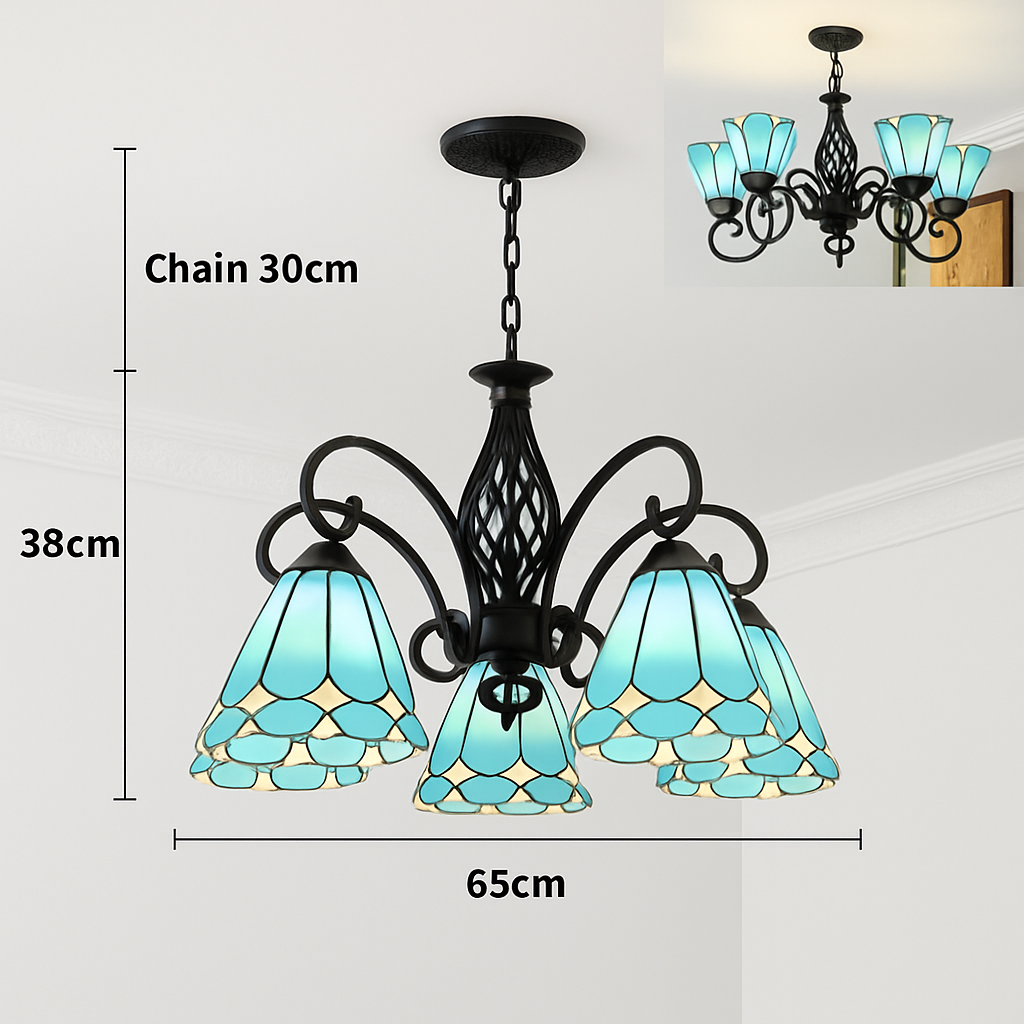 lustre tiffany méditerranéen en verre teinté pour décoration intérieure - vue 13 sur 18