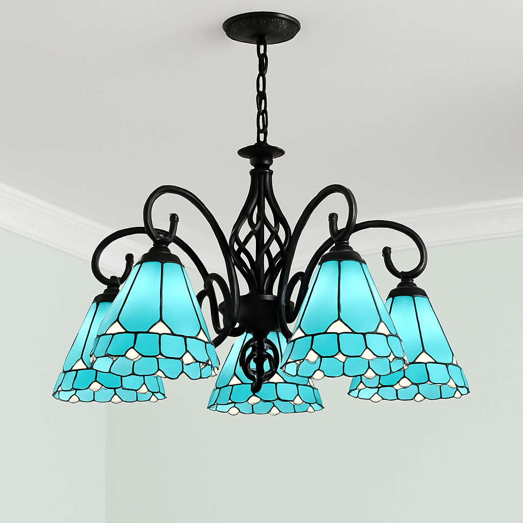 lustre tiffany méditerranéen en verre teinté pour décoration intérieure - vue 4 sur 18