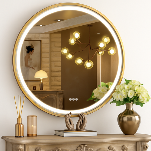 miroir rond lumineux antibuée intensité variable cadre aluminium verre HD - vue 2 sur 9