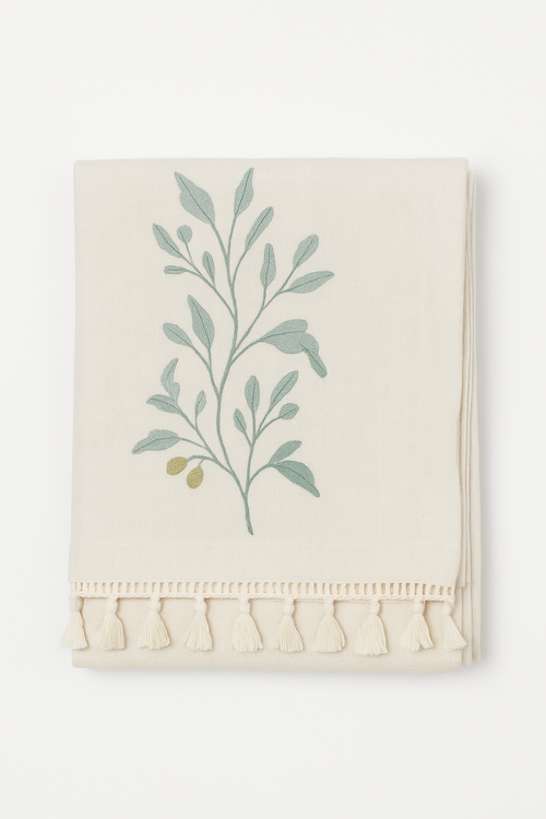 Nappe brodée motif feuilles de café style rustique