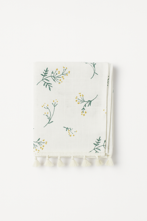 Nappe coton brodée florale style coréen avec pompons