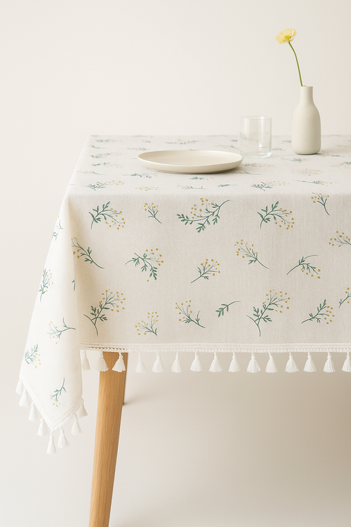 Nappe coton brodée florale style coréen avec pompons - vue 2 sur 2