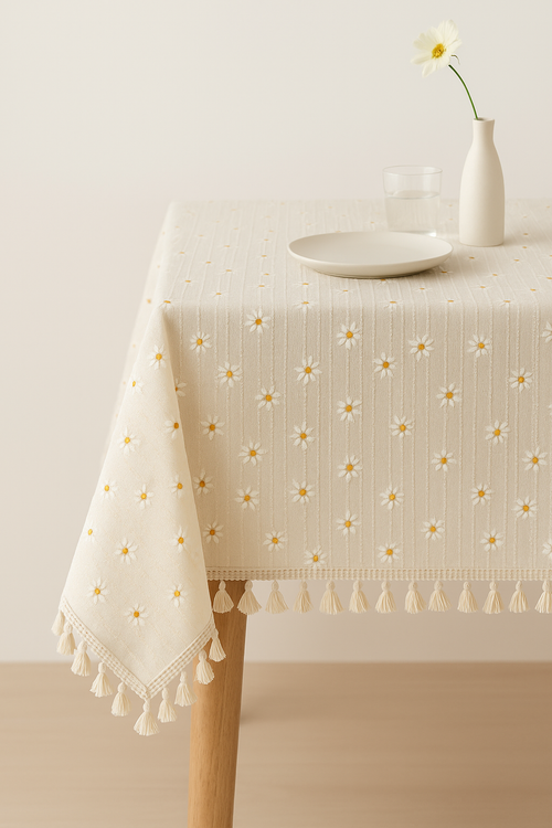 Nappe coton brodée marguerites style coréen table cuisine - vue 2 sur 2