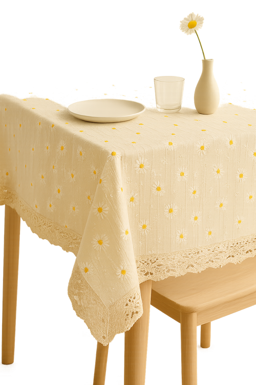 Nappe coton brodée marguerites style coréen table repas - vue 2 sur 2