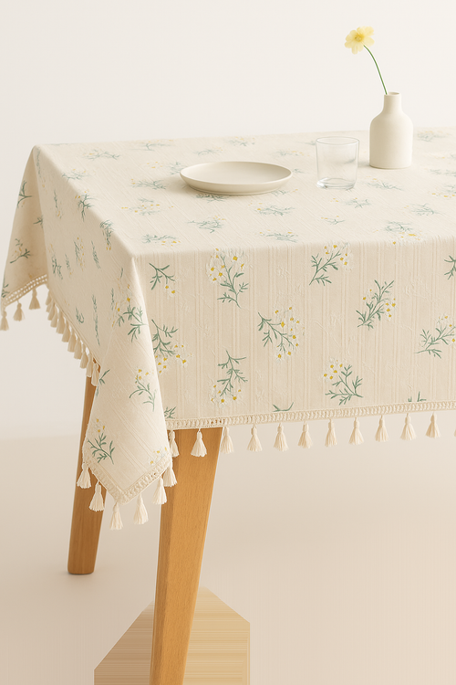 Nappe coton brodée motifs floraux style coréen pompons - vue 2 sur 2