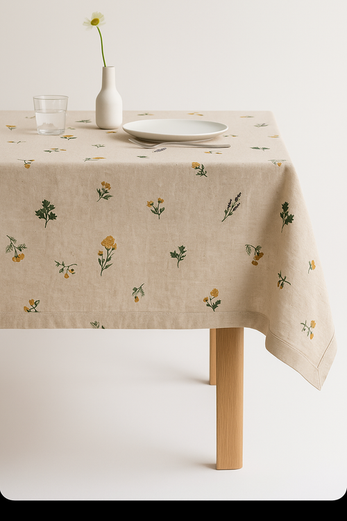 Nappe coton lin brodée style campagne avec pompons - vue 2 sur 2
