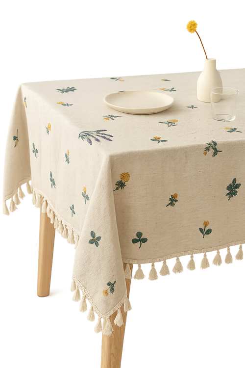 Nappe coton lin brodée style européen à pompons - vue 2 sur 2