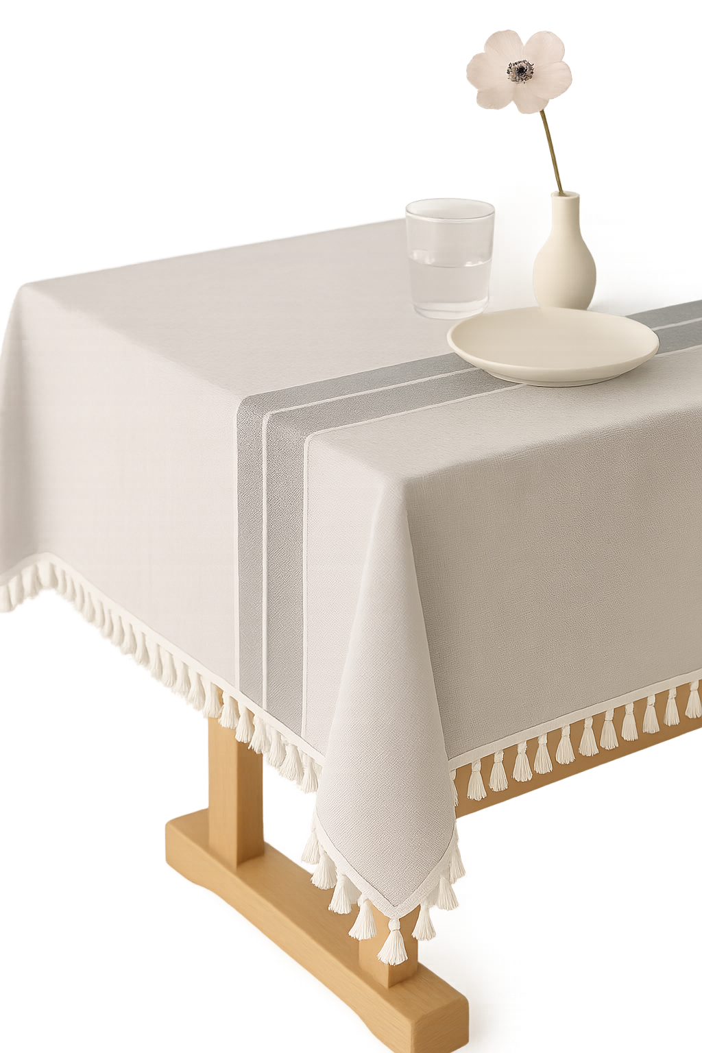 Nappe coton lin imperméable style champêtre rayures pompons - vue 2 sur 2