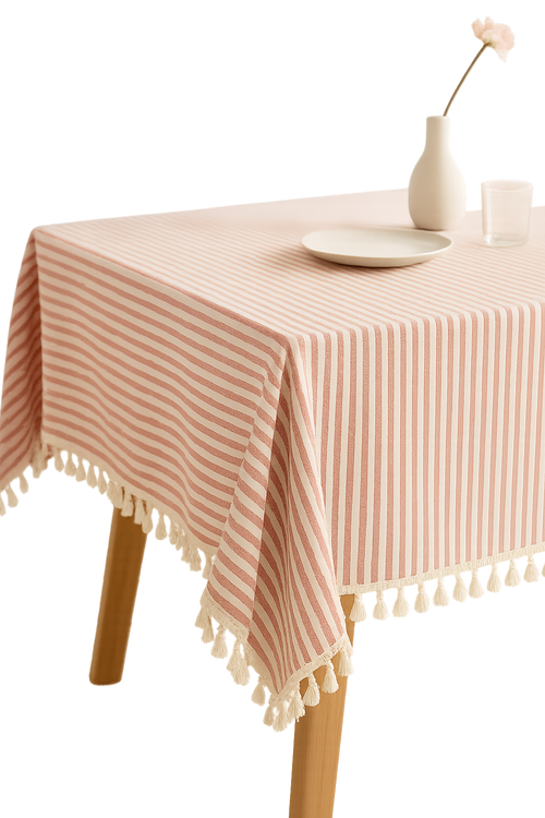 Nappe coton lin rayures pompons style bohème table - vue 2 sur 2
