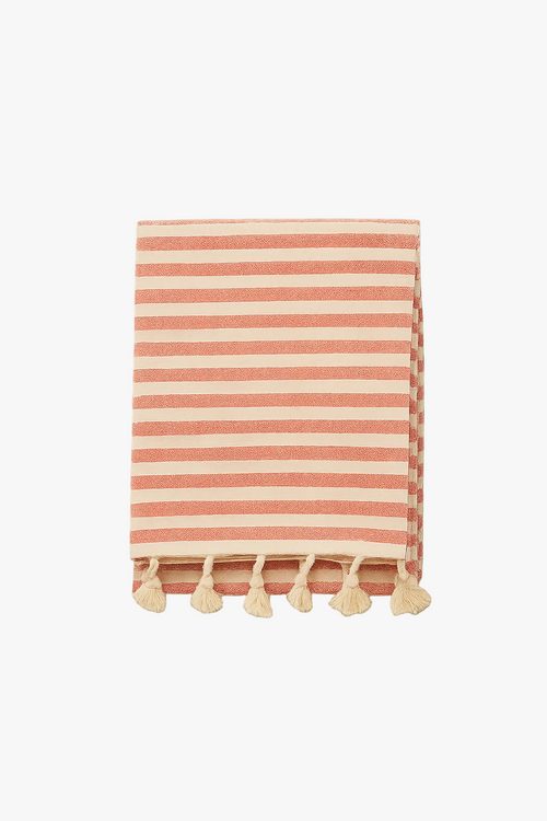 Nappe coton lin rayures pompons style bohème table