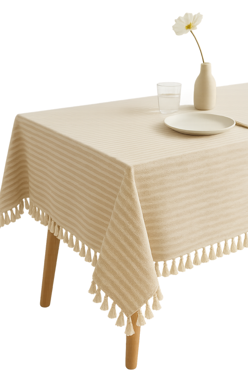 Nappe coton lin rayures pompons style moderne table - vue 2 sur 2