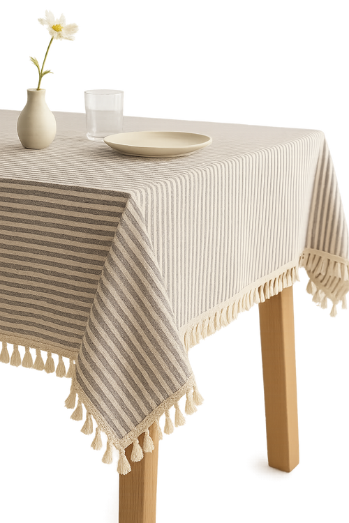 Nappe coton lin rayures pompons style moderne table - vue 2 sur 2