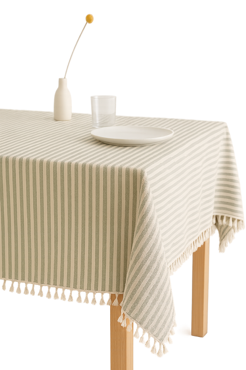 Nappe coton lin rayures pompons style moderne table - vue 2 sur 2
