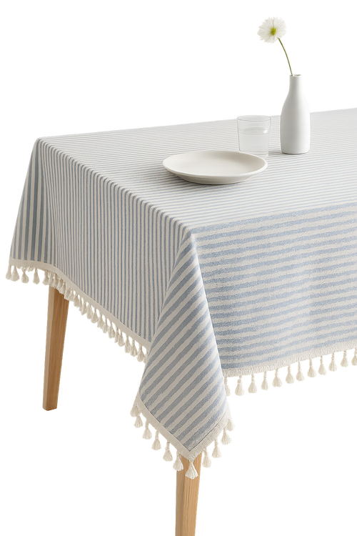Nappe coton lin style bohème rayures pompons table - vue 2 sur 2