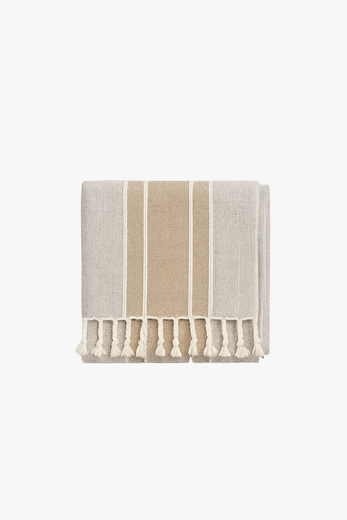 Nappe coton polyester imperméable style champêtre rayures pompons