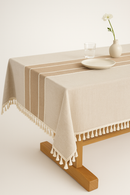 Nappe coton polyester imperméable style champêtre rayures pompons