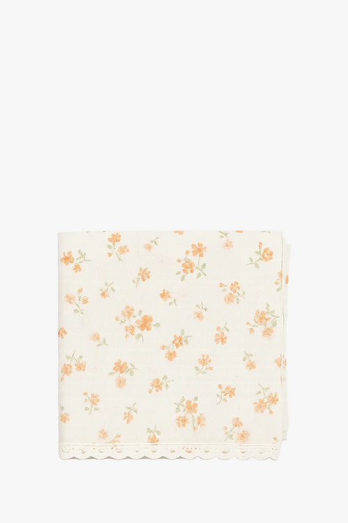 Nappe coton style coréen brodée fleurs à pompons