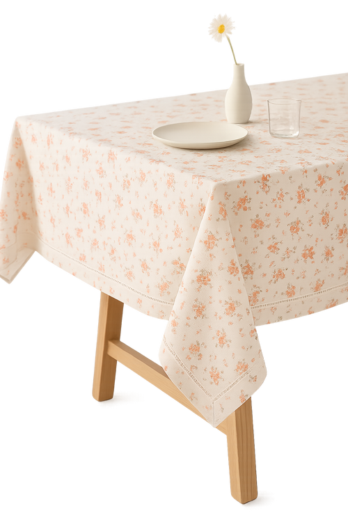 Nappe coton style coréen brodée fleurs à pompons - vue 2 sur 2