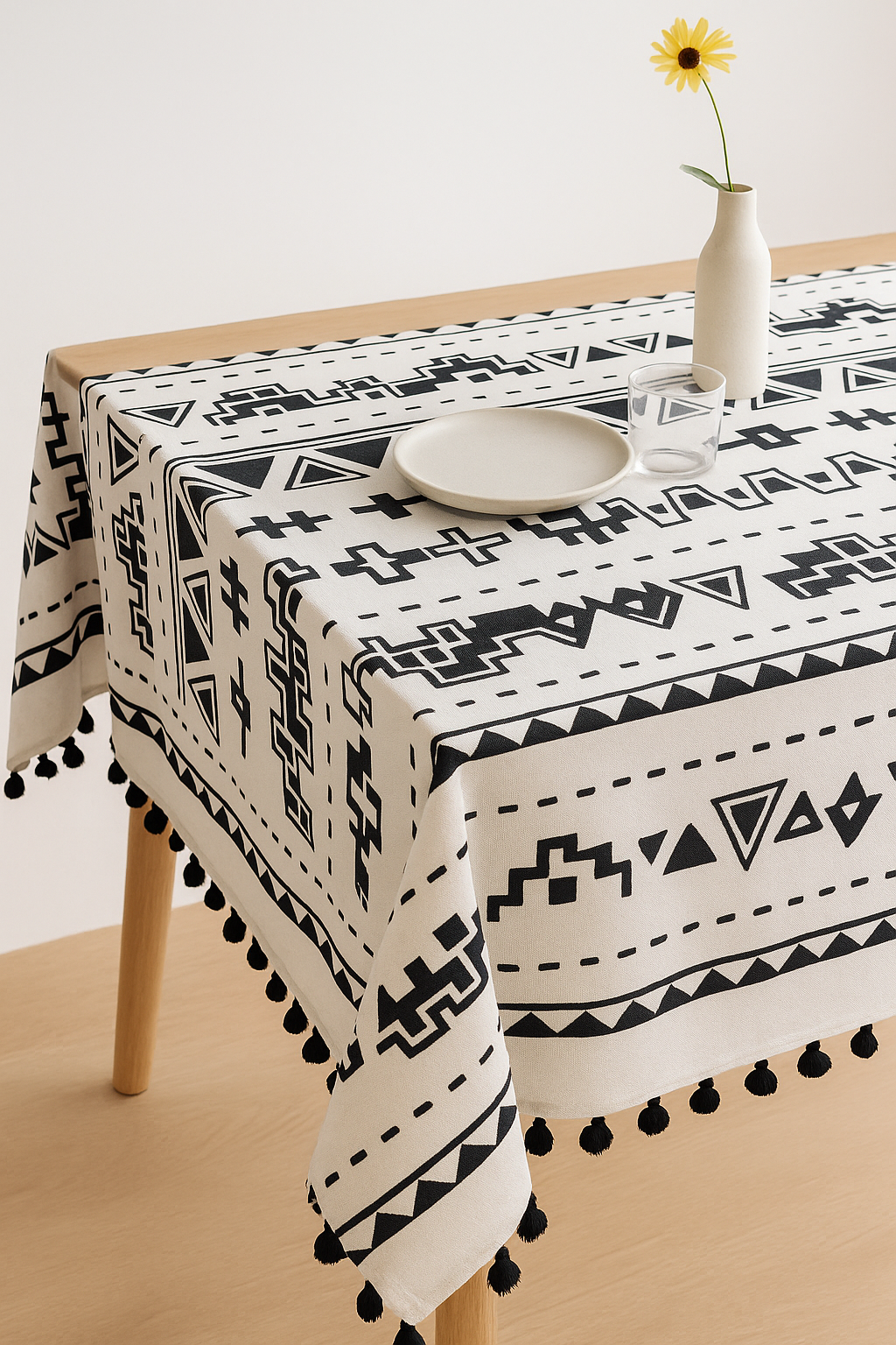 Nappe imprimé pivoines style ins avec pompons décoratifs - vue 2 sur 2