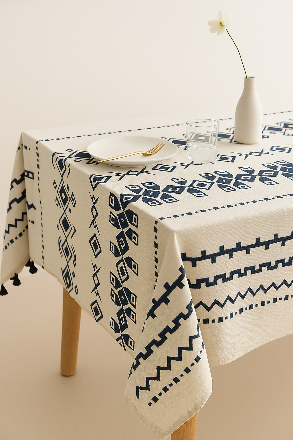 Nappe imprimé pivoines style ins avec pompons décoratifs - vue 2 sur 2