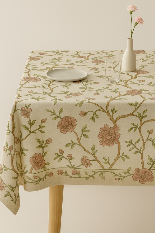 Nappe imprimé pivoines style ins avec pompons table - vue 2 sur 2