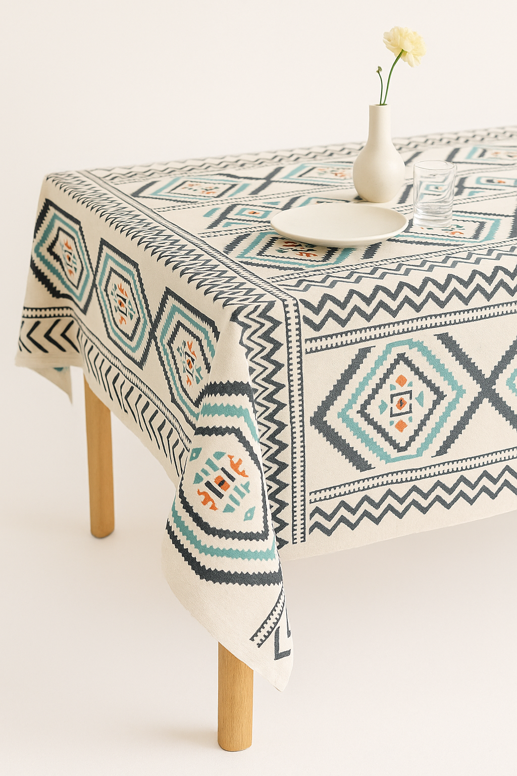 Nappe motif pivoines style ins avec pompons décoratifs - vue 2 sur 2