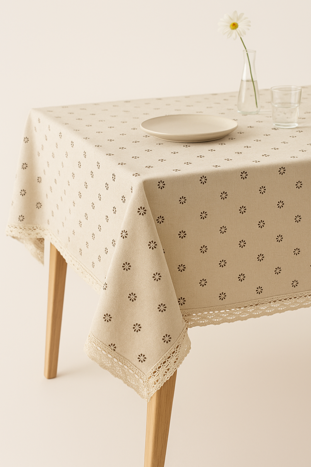 Nappe style champêtre dentelle marguerite avec pompons table