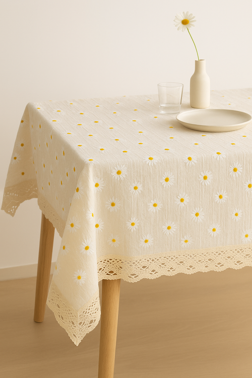 Nappe style champetre dentelle marguerite pompons table salle - vue 2 sur 2