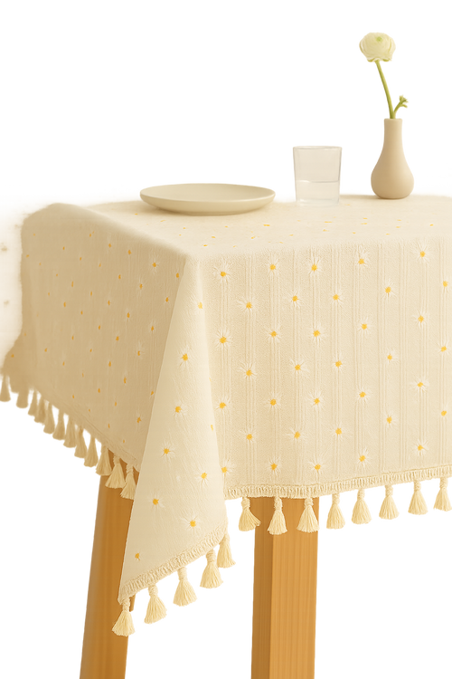 Nappe style pastoral dentelle marguerite pompons table reception - vue 2 sur 2