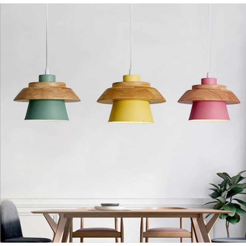 Nordique fer LED lustre couloir couloir entrée Restaurant lustre Simple Macaron en bois Sandwich lustre
